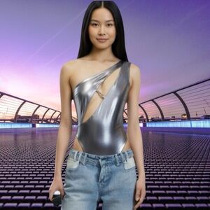 The Kript S silver one shoulder cutout bodysuit